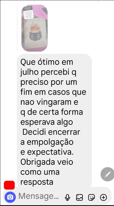 Print de depoimento de cliente agradecendo por um ritual