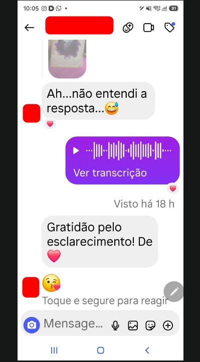 Print de depoimento de cliente enviando mensagem de gratidão